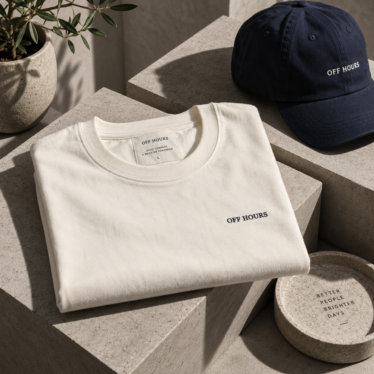 Off Hours ivory tee and navy cap